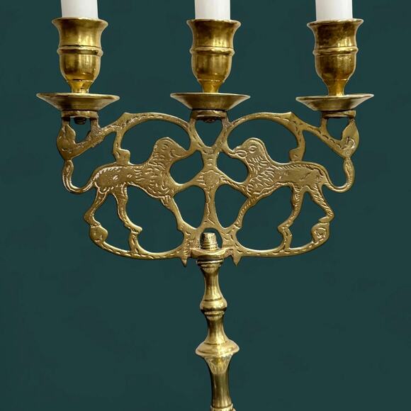 Vintage Brass Judaica Candelabra 3-Arm Lion of Judea Handmade NYC Decor - Picture 13 of 15